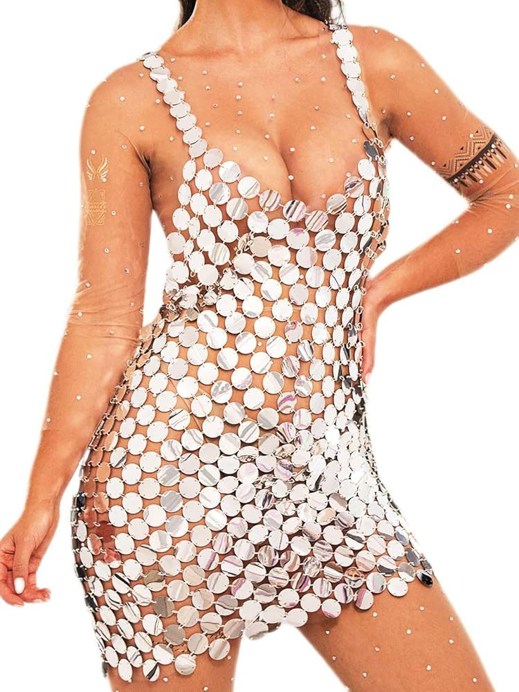 GORAIS Sparkly Sequin Chainmail Dress Dots Dance Mini Dresses Nightclub Bikini Body Chain Dress f... | Amazon (US)