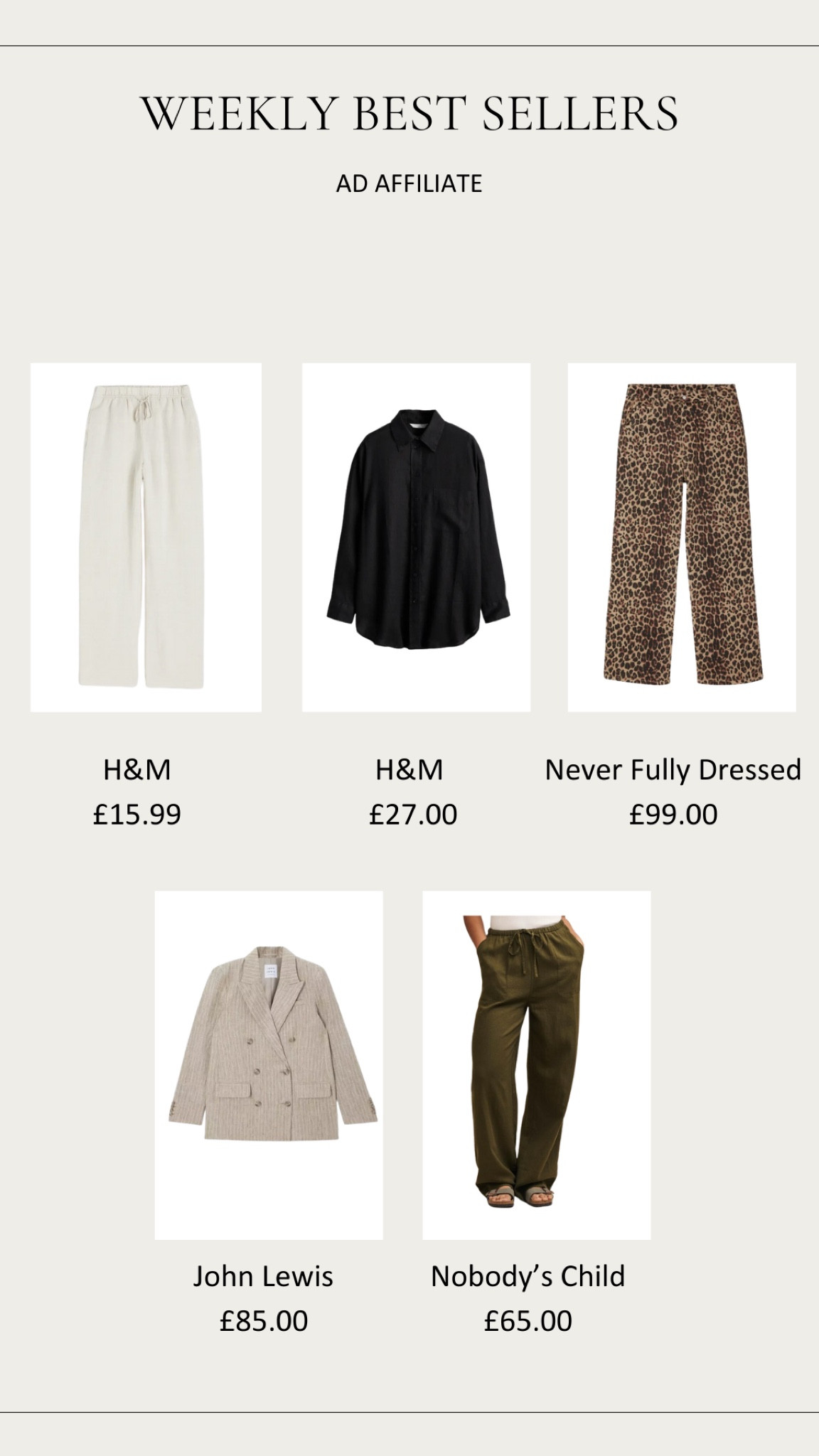 Weekly Best Sellers! 

Summer Style, Spring Summer Outfit Inspiration, Wardrobe Staples, Linen Trousers, Black Shirt, Leopard Print Trousers, Check Blazer 

#LTKspring #LTKuk #LTKsummer