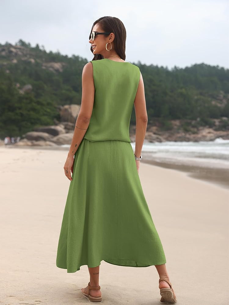 ELLEVEN 2 Piece Linen Sets for Women Summer Outfit,V-Neck Vest Top & Flowy Maxi Skirt | Amazon (US)