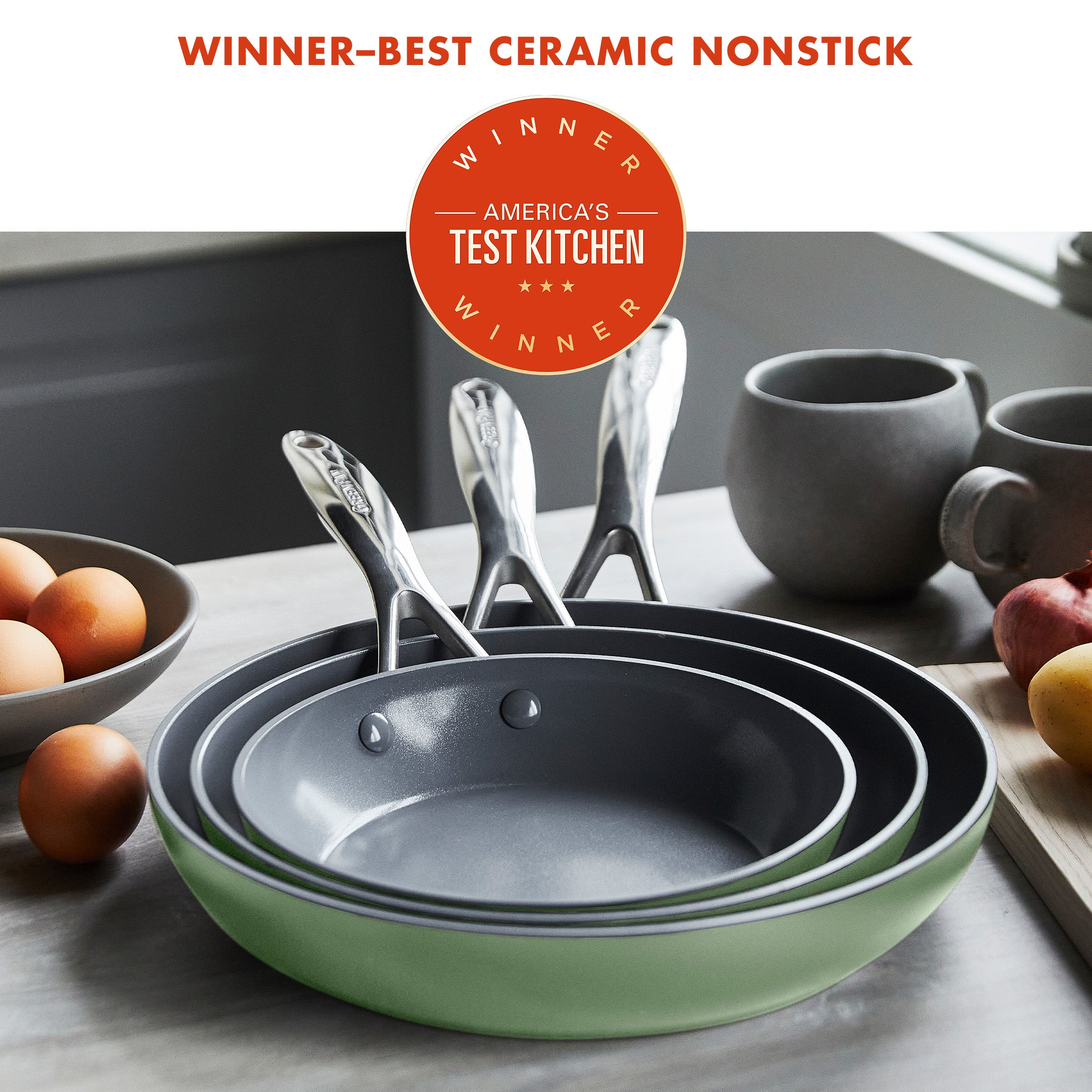 Valencia Pro Ceramic Nonstick 8", 9.5", and 11" Frypan Set | Cream | GreenPan