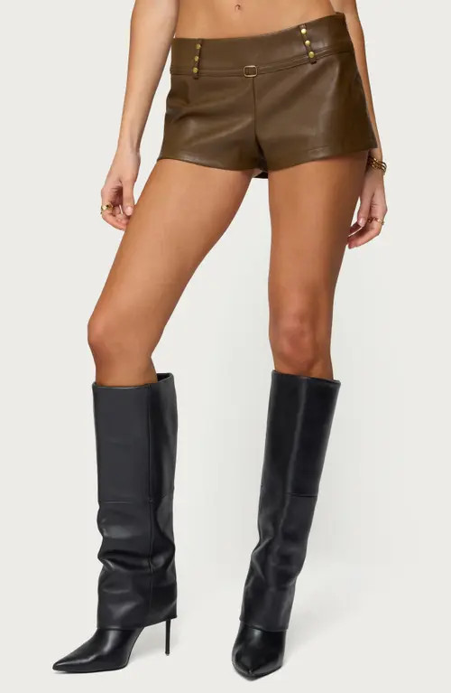 EDIKTED Reese Stud Detail Faux Leather Microshorts in Brown at Nordstrom, Size Small | Nordstrom