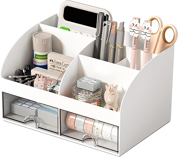 Desk Organizer with 6 Compartments and 2 Drawers, Plastic Makeup Organizer, Pen Holder for Deskto... | Amazon (US)