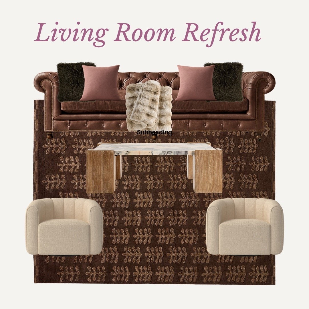Warm & Textured Living Room Design ✨ Neutral Luxe with Earthy Tones
 Our newly designed living room is all about creating a warm, inviting space layered with rich textures and earthy tones for a cozy yet elevated feel. We styled our space with a mix of luxe materials and soft finishes, featuring the Lucy Light Mauve Merino Wool Throw Pillow from CB2, paired beautifully with the Crate & Barrel Mongolian Sheepskin Burnt Green Throw Pillow for added depth and contrast. The foundation of the room is the Crate & Barrel Selen Wool Deep Brown Handknotted Area Rug, grounding the space with warmth and sophistication, while the Crate & Barrel Elysia Marble and Oak Wood 45" Square Coffee Table adds a timeless, organic touch. For extra coziness, we layered in the Crate & Barrel Textured Faux Fur Sierra Tan Throw Blanket over our statement Kensington Leather 2-cushion sofa from Restoration Hardware, creating the perfect balance of comfort and refined style. This space is a true reflection of modern organic design—inviting, textured, and effortlessly chic.

#LTKhome #LTKstyle #LTKfinds #livingroomdesign #homedecor #interiordesign #modernorganic #neutralhome #cozyhome #warmtones #earthytones #homestyling #livingroominspo #cozyvibes #luxeliving #texturedesign #homeinspiration #interiorinspo #decorideas #styledhome 