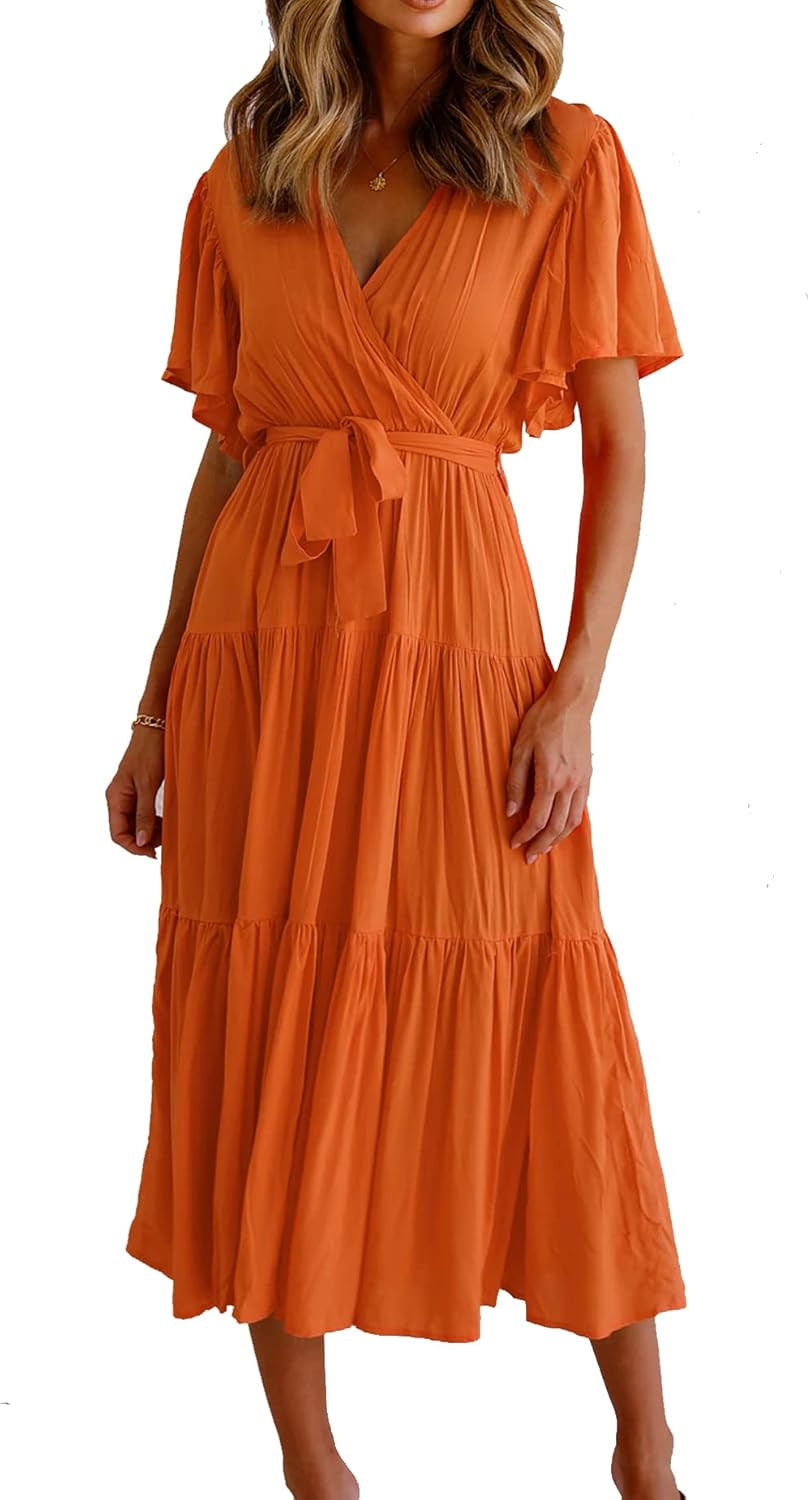 R.Vivimos Women's Fall Cotton Long Sleeves Irregular Polka Dot V Neck Casual Flowy Midi Dress | Amazon (US)