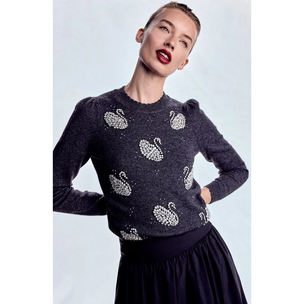 Boden Elizabeth Swan Embellished Sweater in Charcoal Melange Swans at Nordstrom, Size X-Large | Nordstrom