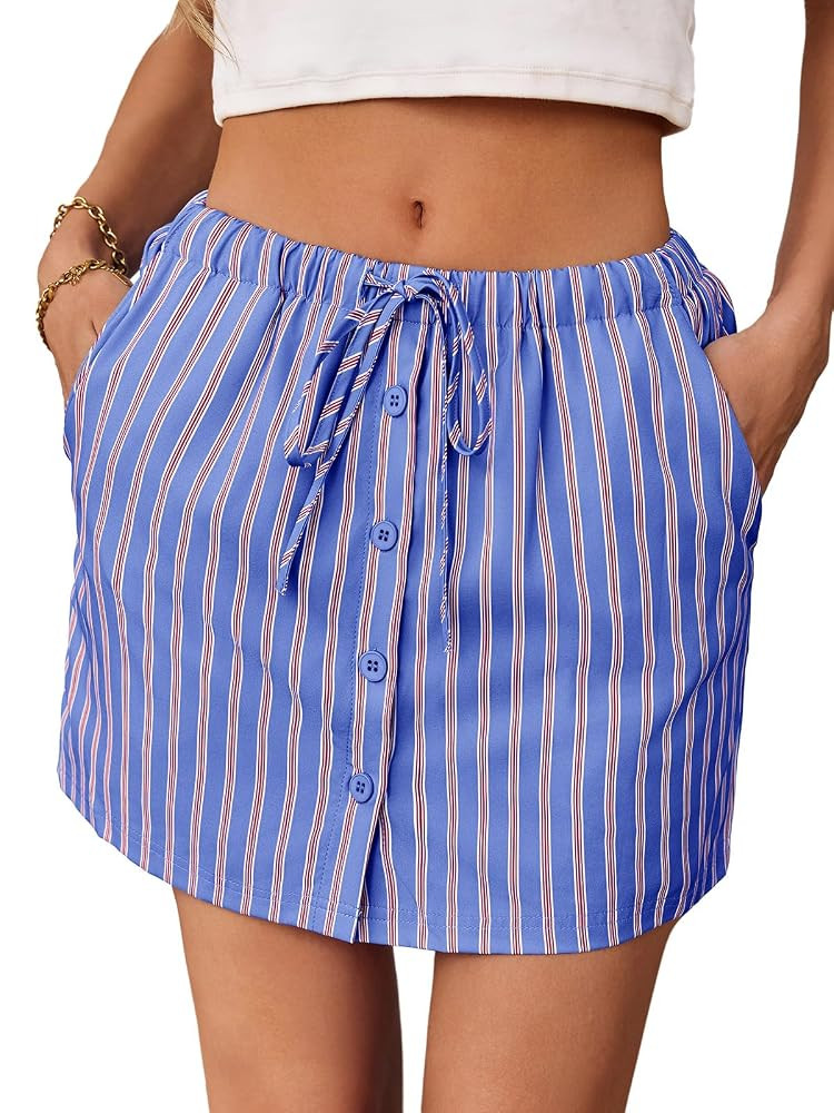 Fisoew Womens Summer Striped Mini Skirts Casual Drawstring Elastic Waist Button Cute Y2K Skorts S... | Amazon (US)