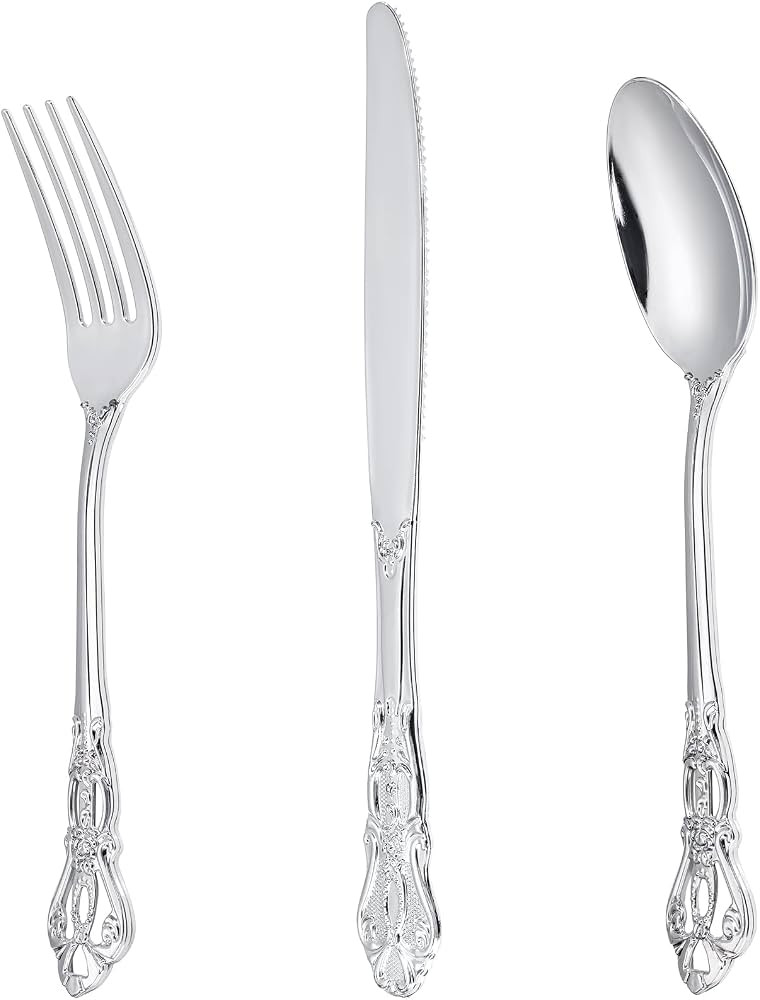90PCS Silver Plastic Silverware - Heavy Duty Silver Disposable Cutley - Fancy Plastic Utensils Fl... | Amazon (US)