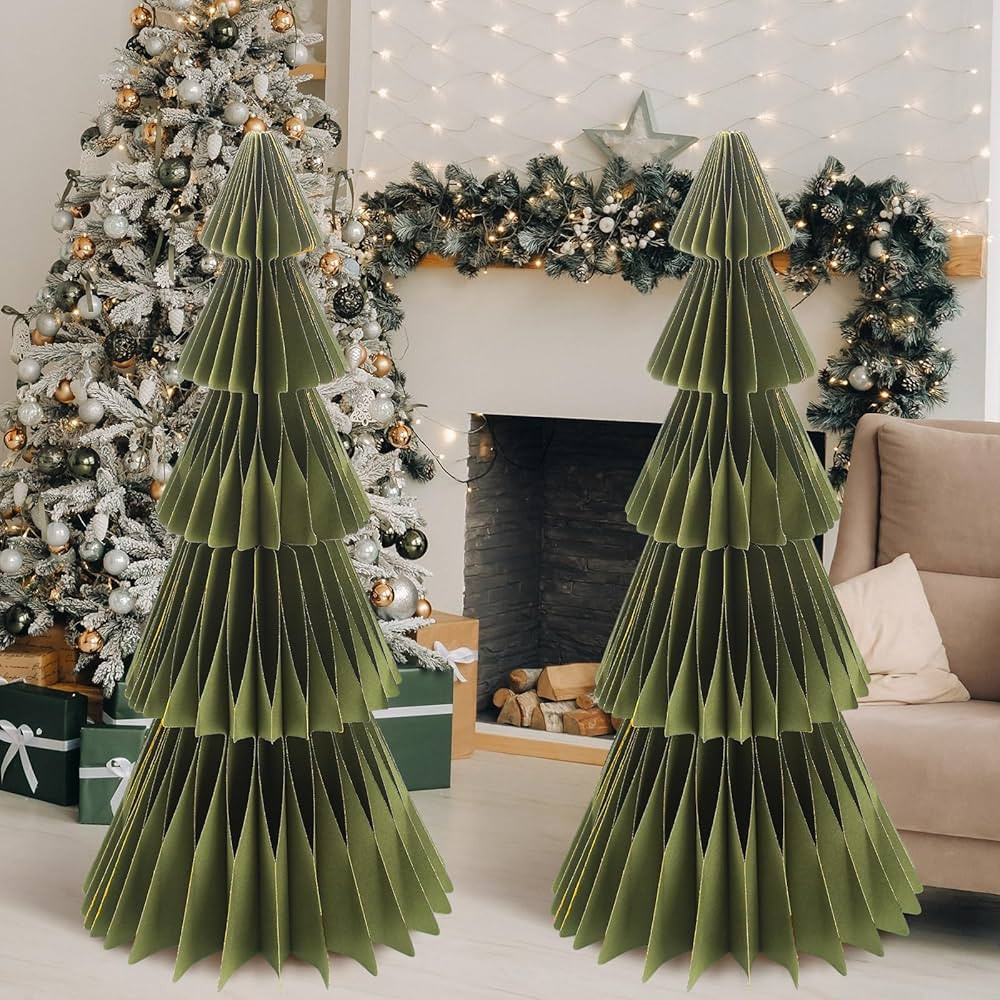 2 Pcs 20 Inch Large Paper Christmas Trees Decorations 3D Light Green Honeycomb Neutral Christmas ... | Amazon (US)