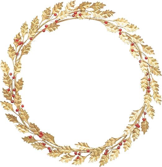 Creative Co-Op 19" Round Metal & Glass Bead Wreath w/Leaves & Berries, Antique Brass Finish Wall ... | Amazon (US)
