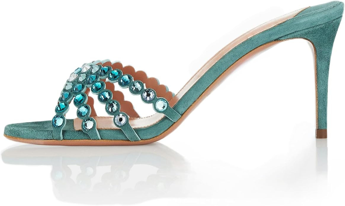 Rhinestone Mule Heeled Sandals for Women Stiletto High Heels Open Round Toe Mules Sandals Backles... | Amazon (US)