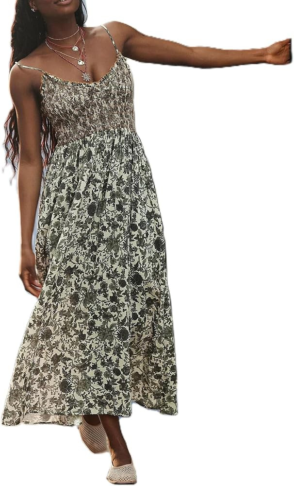 Women Summer Dresses Flowy Smocked Maxi Dress Sleeveless Tie Shoulder Boho Dresses Y2K Floral Bea... | Amazon (US)