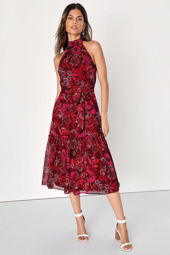 Standout Aesthetic Red Floral Lurex Halter Tiered Midi Dress | Lulus (US)