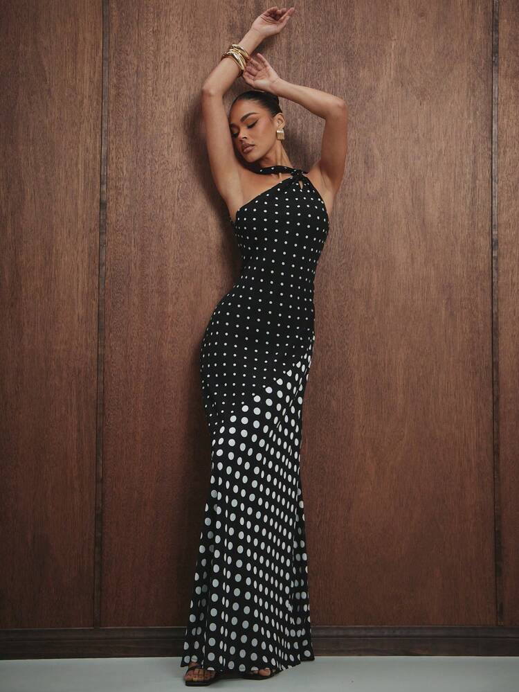 Hauture Women's Elegant Sexy Contrast Color Polka Dot Print Backless Dress | SHEIN