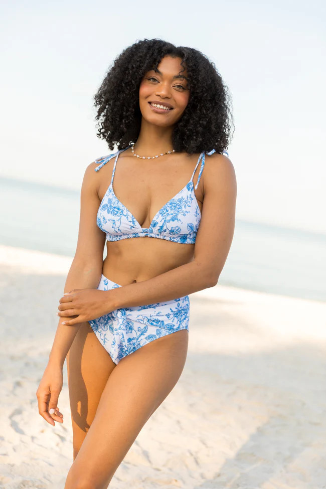 Marina Mood Blue and Ivory Vintage Floral Print Bikini Top | Pink Lily
