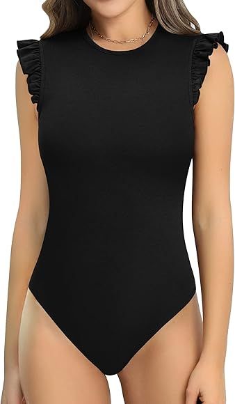 MANGOPOP Women's Body Suits Cute Crew Neck Ruffle Sleeveless Slim Fit Bodysuit Tank Tops Tight Ca... | Amazon (US)