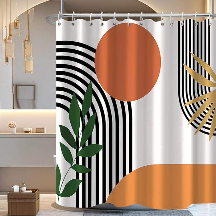 Mid Century Shower Curtain for Bathroom Boho Shower Curtain Geometric Leaves Moon Beige Fabric 60x72 inch | Amazon (US)
