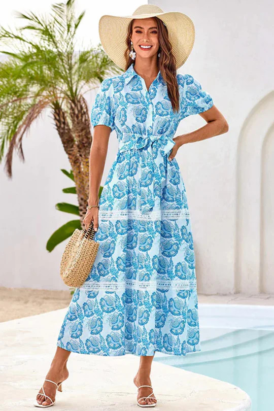 Women's Shirt Collar Short Sleeve Elastic Waist A-Line Dress | GRACE KARIN