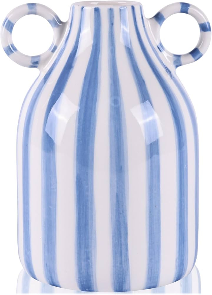 Blue and White Ceramic Vase with Handle, Nordic Boho Small Vases Side Table Flower Centerpiece, W... | Amazon (US)