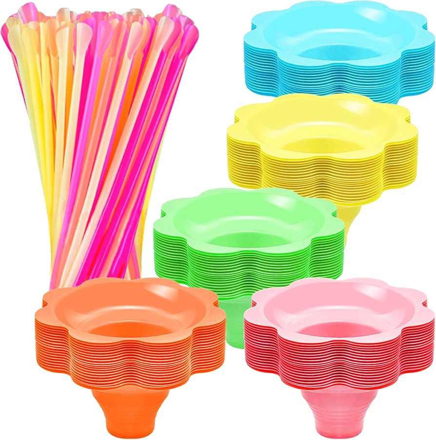 200 Pcs Colorful Snow Cone Cups with Spoon Straws,Flower Shaped Ice Cream Cup,Plastic Cone Snacks... | Amazon (US)