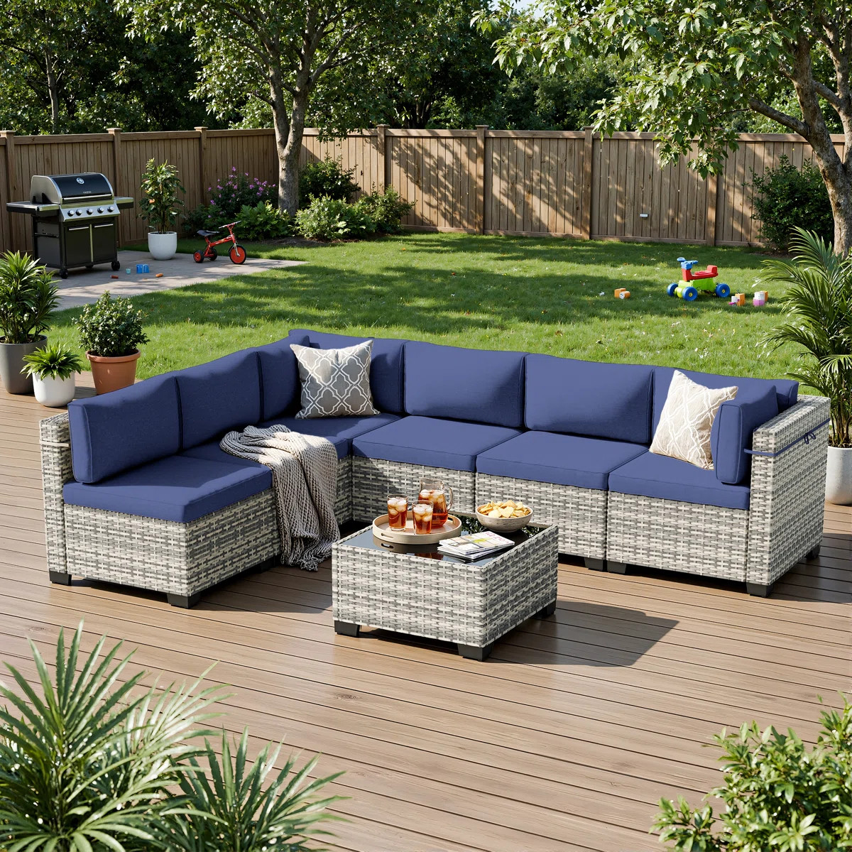 7-Piece Outdoor Sectional Sofa Set With HDPE Wicker, Cushions & Coffee Table, Modular Patio Conve... | Wayfair North America