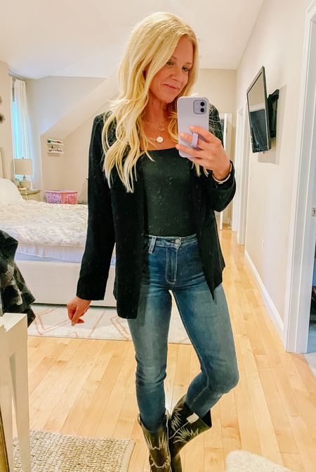 Skims bodysuit, date night style 
Black blazer, Hudson denim

#LTKshoecrush #LTKstyletip