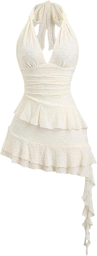 BEAUDRM Women's Y2k Ruched Halter Floral Mesh Mini Dress Tie Backless Sleeveless Layered Ruffle S... | Amazon (US)