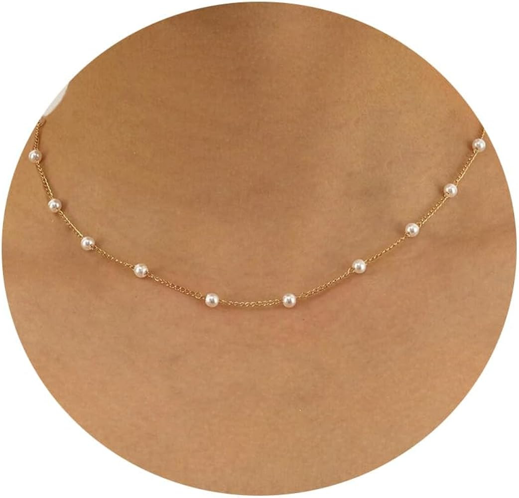 Meeran Pearl Necklace for Women, Dainty 14K Gold/Silver Plated Pearl Necklace Simple White Pearls... | Amazon (US)