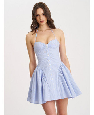 Women's Melody Baby Blue Railroad Stripe Halter Drop Waist Mini Dress | Macy's
