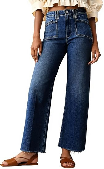 Cicy Bell Womens High Waisted Cropped Jeans Straight Leg Raw Hem Denim Pant | Trendy, Stretchy, C... | Amazon (US)