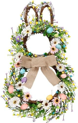 Sggvecsy 25 Inch Easter Bunny Shaped Artificial Flower Wreath with Colorful Berries Daisies Green... | Amazon (US)