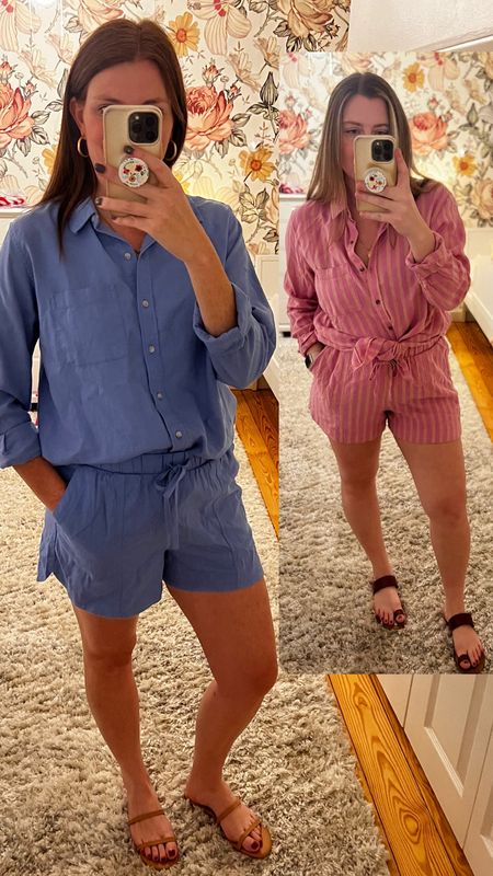 They updated one of last year’s best selling sets! This linen button up and short set are sold separately but come in almost 10 different colors or stripe combos. Runs TTS, I am in medium and Karlie in large. Can wear so many different ways, including top unbottoned as swim cover up!