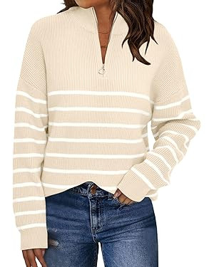 LILLUSORY Women's Quarter Zip Striped Oversized Collar Pullover Sweater Knit Warm Clothes for Win... | Amazon (US)