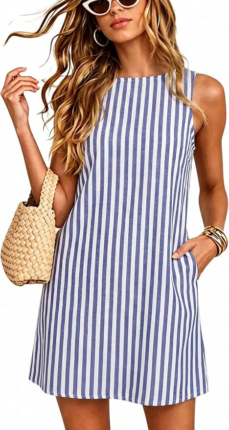 Womens Casual Striped Dresses Sleeveless A-Line Mini Sundress Summer Beach Vacation Coverups with... | Amazon (US)