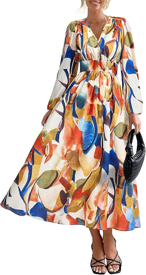 PRETTYGARDEN Women's Floral Midi Dress Casual Fall V Neck Long Sleeve Flowy Spring Beach Wedding ... | Amazon (US)