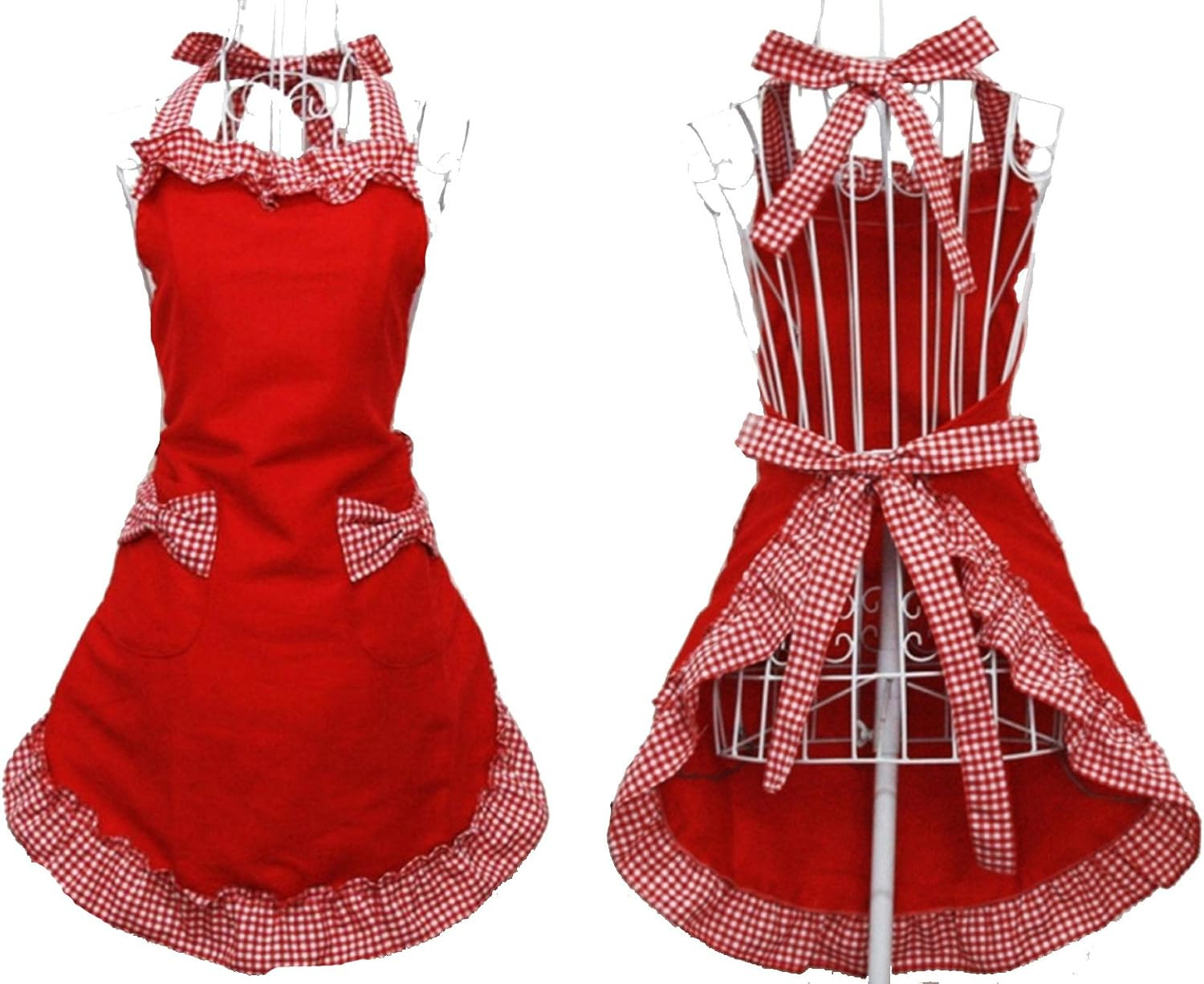 Hyzrz Cute Fashion Cotton Red Aprons for Women Girls Vintage Cooking Retro Apron with Pockets | Amazon (US)