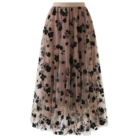 CHICWISH Women Tulle Skirt 3D Posy Midi Long Fairy Skirt Tutu A-Line High Elastic Waist Mesh Double-Layered Skirt Caramel | Walmart (US)