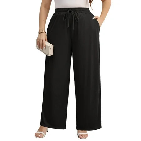 Gleelist Women Plus Size Casual Drawstring Wide Leg Pants Stretchy Straight Long Trousers With Pocket XL-5XL | Walmart (US)
