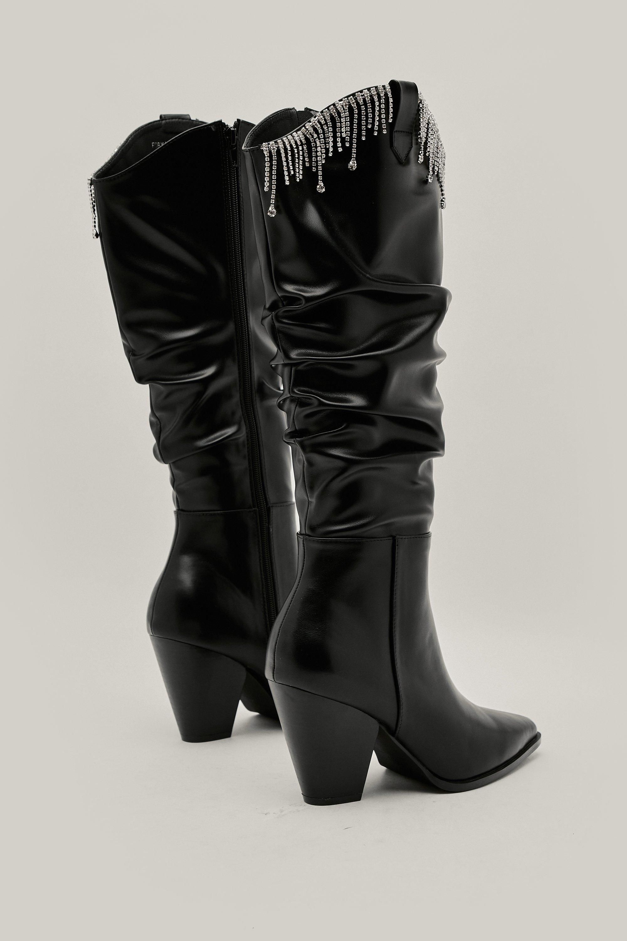 Faux Leather Embellished Fringe Slouchy Cowboy Boots | Nasty Gal (US)