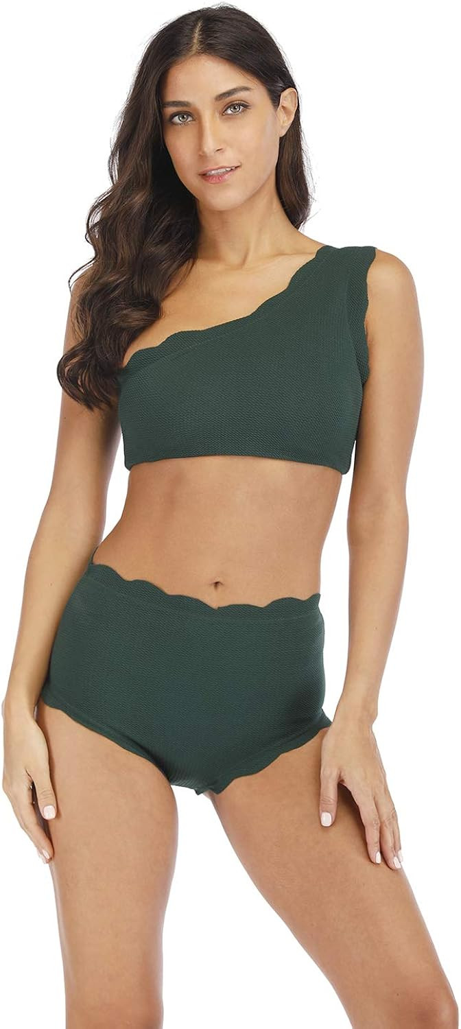 NMQLX Women's Swimsuit High Waisted Scalloped Edge Ruffling Bikini Set One Shoulder Padded Swimwe... | Amazon (US)