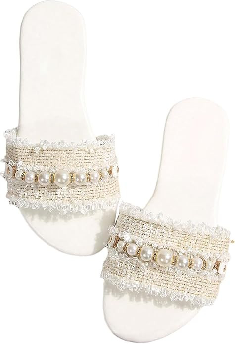 Women's Pearls Chain Flat Sandals Dressy Open Toe Slip On Flats Summer Casual Outdoor Slide Sanda... | Amazon (US)