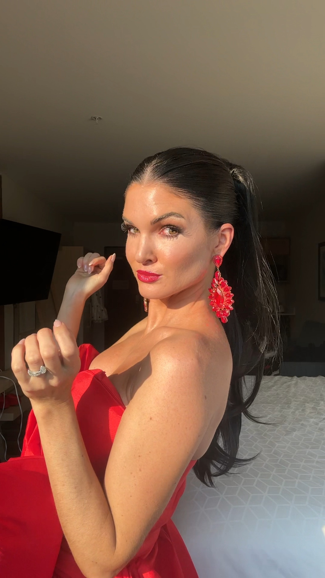 Pony tail clip in extension & red bow dress w train 