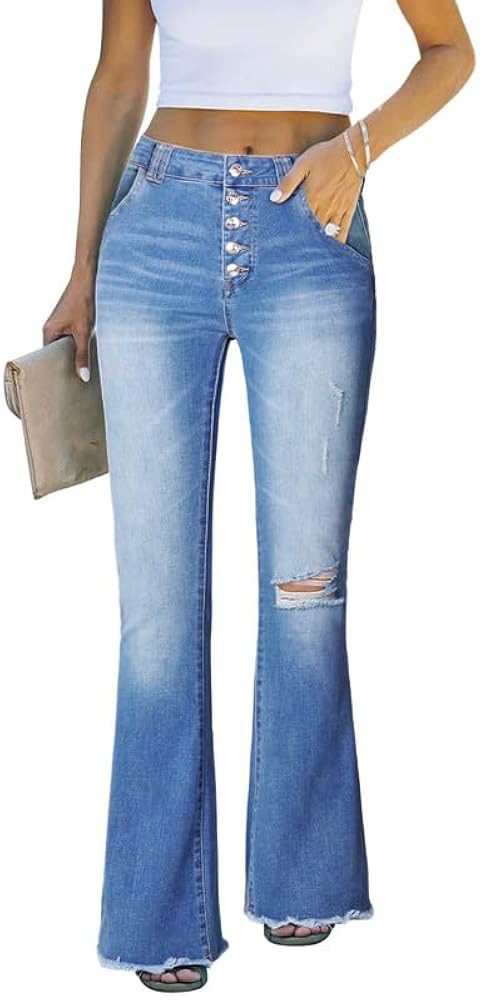 Genleck Women's Ripped Flare Jeans – Stretch High Waisted Bell Bottom Jeans Distressed Trendy D... | Amazon (US)