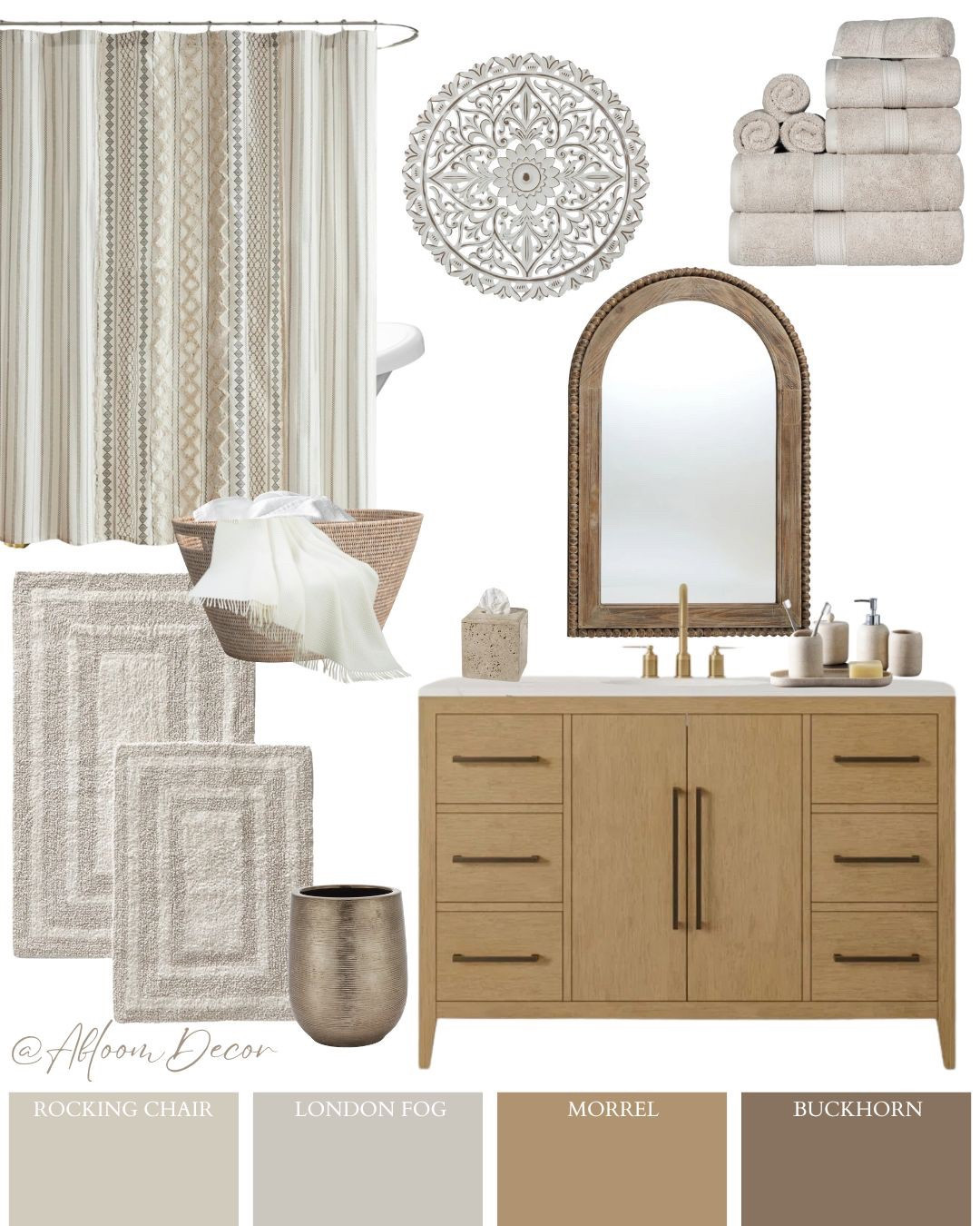 This bathroom design is cozy, calm, and full of texture with soft neutrals, natural wood, and layered patterns that make the space feel warm and relaxing. 

#LTKHome