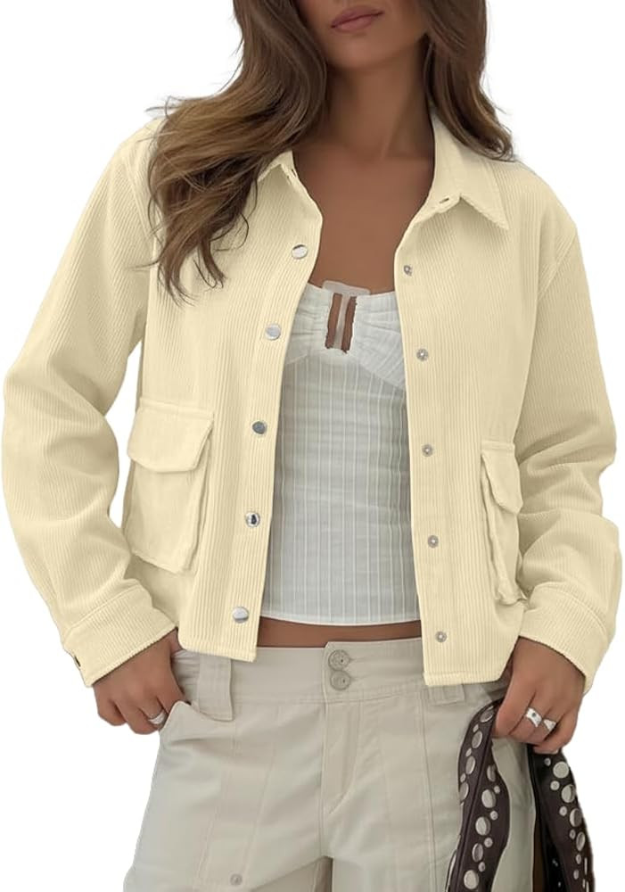 Beaully Womens Corduroy Cropped Shacket Jacket Short Button Down Long Sleeve 2026 Spring Outwear ... | Amazon (US)
