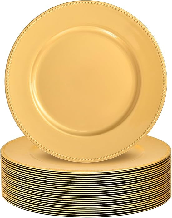 24 Pack Gold Charger Plates 13" Plastic Round Charger Plates Dinner Plate With Beaded for Wedding... | Amazon (US)