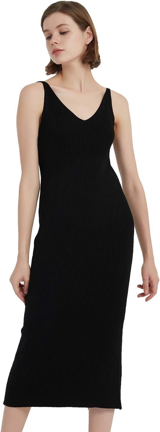 RZIV Women's Sleeveless Sweater Dress Knit Slim V Neck Bodycon Midi Stretchable Elasticity Slim F... | Amazon (US)