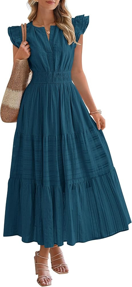 BTFBM Womens Summer Maxi Dress 2026 Spring Boho Vacation Ruffle Flutter Short Sleeve A Line Tiere... | Amazon (US)