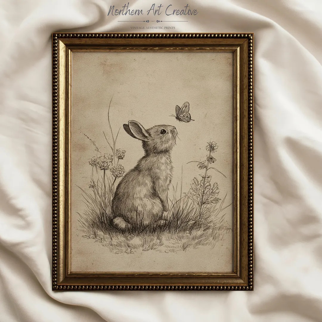 Vintage Bunny Sketch Wall Art: Rabbit & Butterfly Woodland Nursery Easter Print (Digital Download... | Etsy (US)