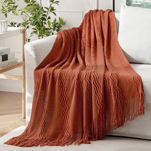 MIULEE Rust Knitted Throw Blanket for Couch Terracotta Boho Textured Cozy Woven Rustic Blanket with Tassels for Sofa Chair Bed Living Room Farmhouse Decor Acrylic Wave Pattern 50"x60" | Amazon (US)