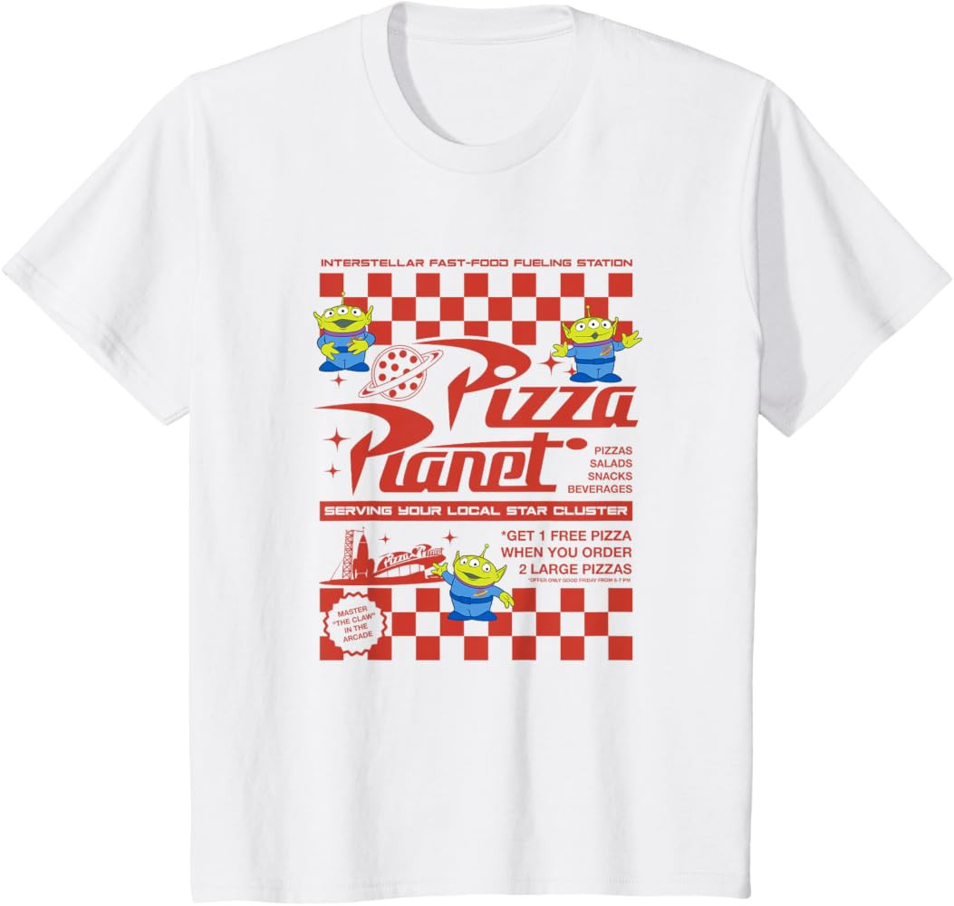 Disney Pixar Toy Story Pizza Planet Iconic Retro Flyer Logo T-Shirt | Amazon (US)
